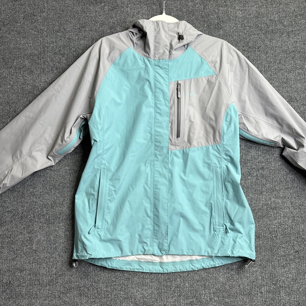 LL Bean Jacket Women's Medium Teal Gray Waterproof Trail Model Rain TEK Hooded